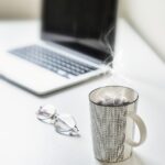desk, tea, coffee, table, coffee cup, laptop, cup, tea cup, mug, workplace